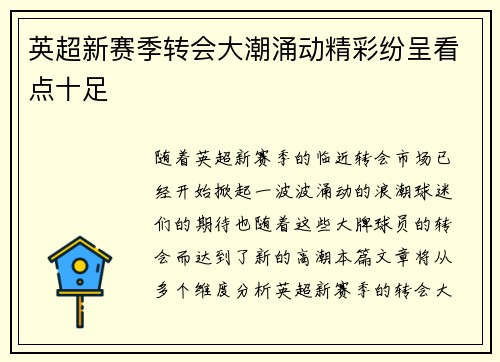 英超新赛季转会大潮涌动精彩纷呈看点十足